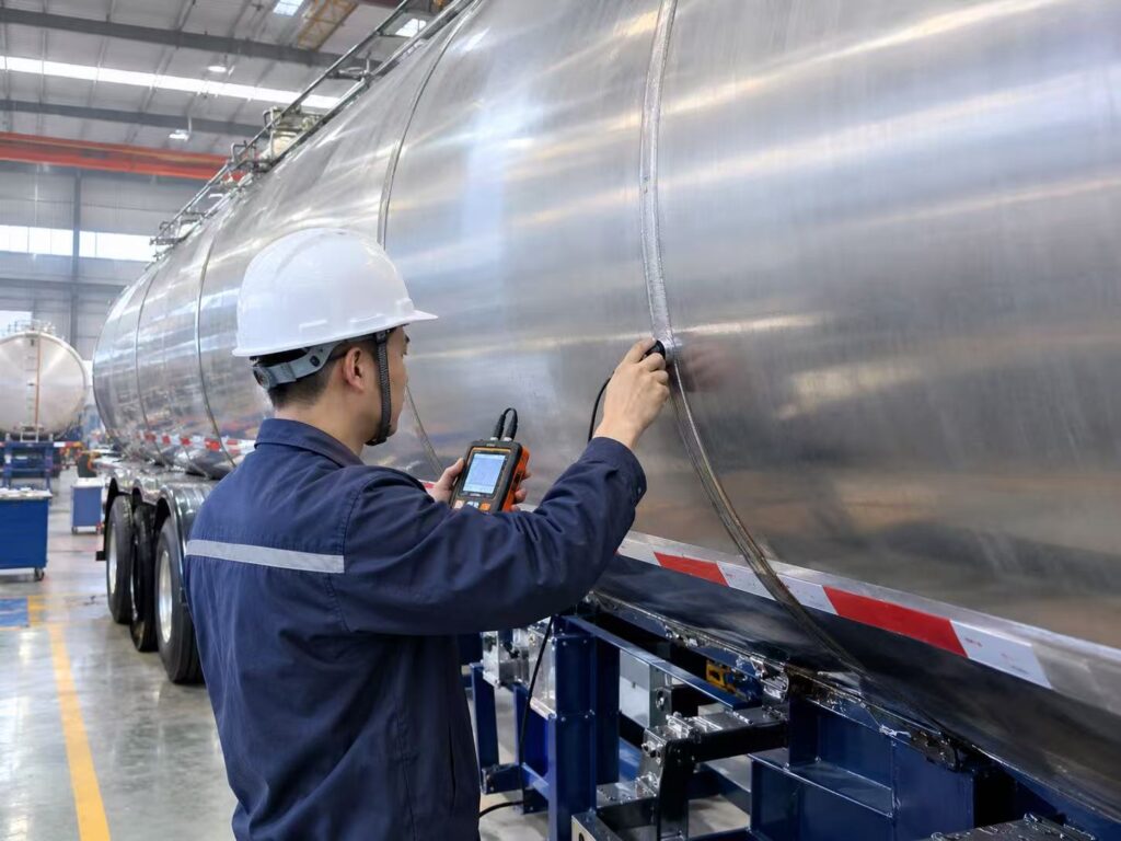QC inspection on finished fuel tanker semi trailer before shipment